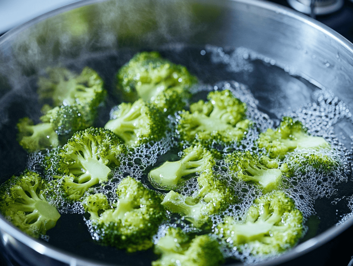 Blanching broccoli for salads in a pot of boiling water