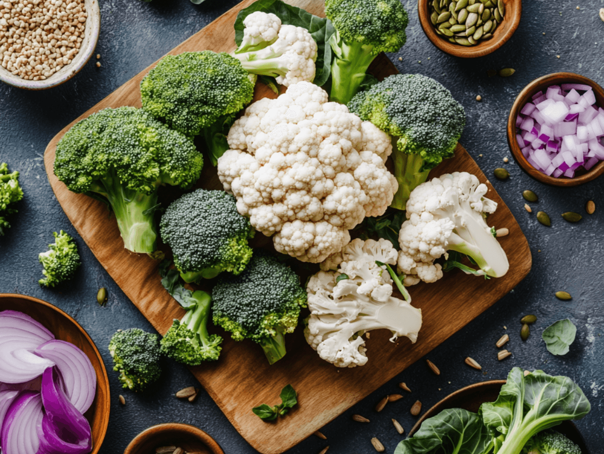 Fresh broccoli and cauliflower displayed on a rustic wooden cutting board.