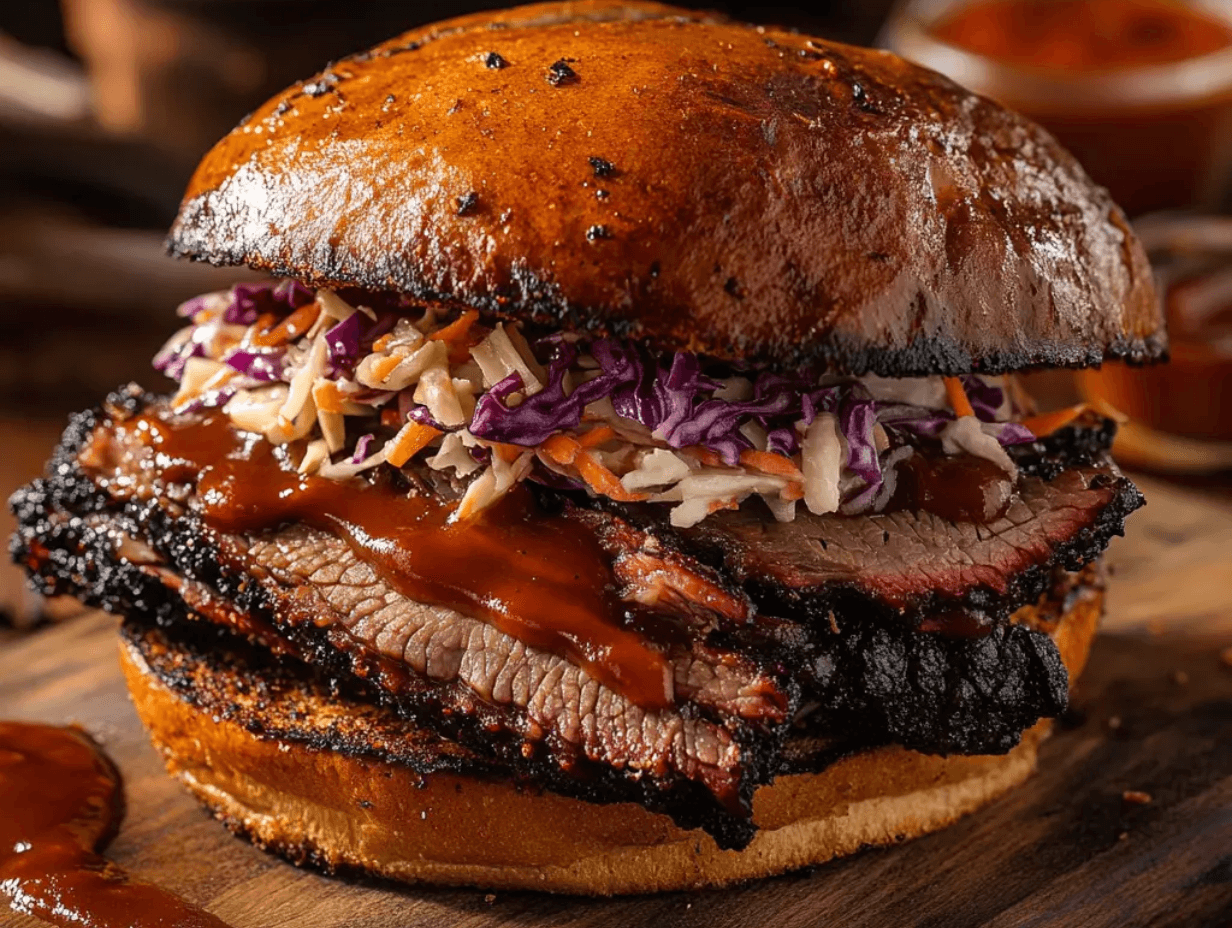 Beef brisket sandwich with coleslaw and BBQ sauce.
