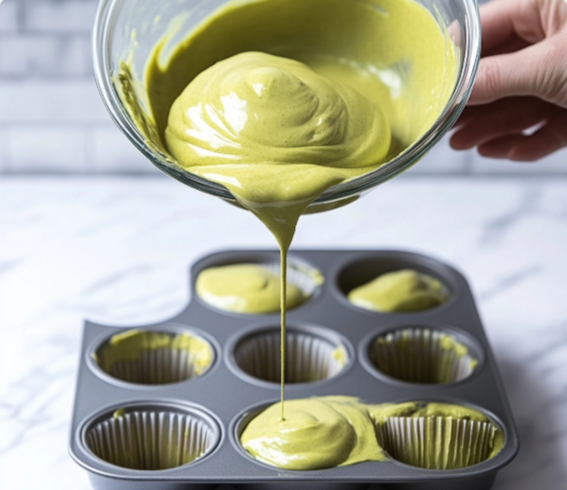 A person pouring green pistachio muffin batter into paper-lined muffin trays.