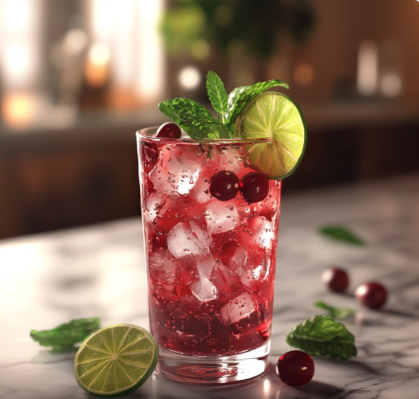 White cranberry juice used in a mocktail with a mint garnish.