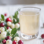 A glass of white cranberry juice surrounded by fresh cranberries and green leaves,