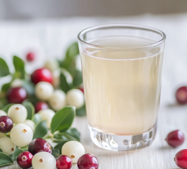 A glass of white cranberry juice surrounded by fresh cranberries and green leaves,