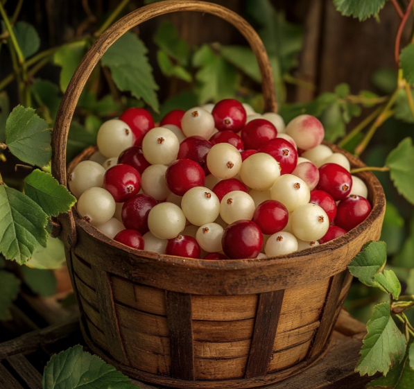 A basket filled with fresh white cranberries ready for juice production, showcasing their pale color and freshness.