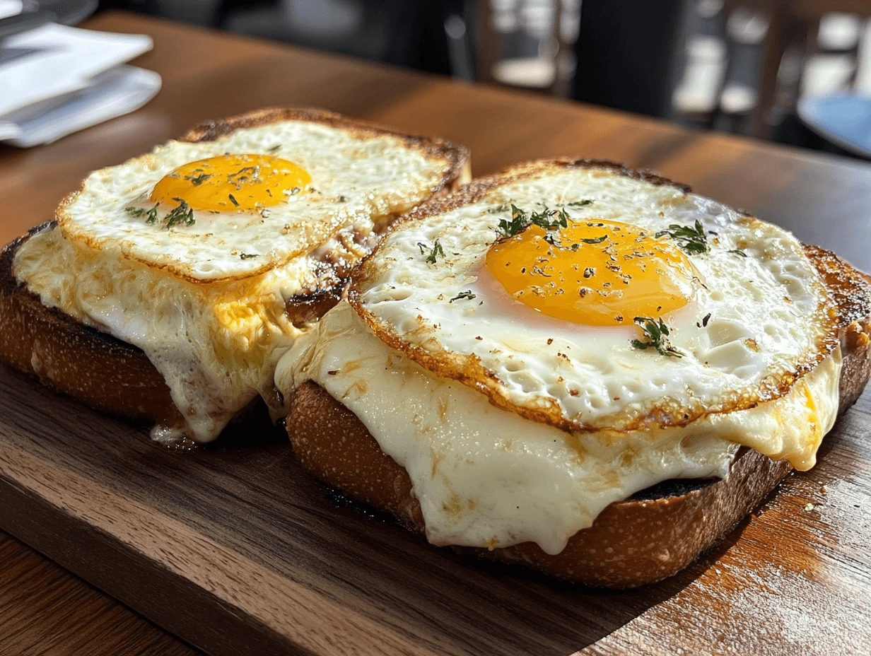 Croque Monsieur and Croque Madame on a serving board.