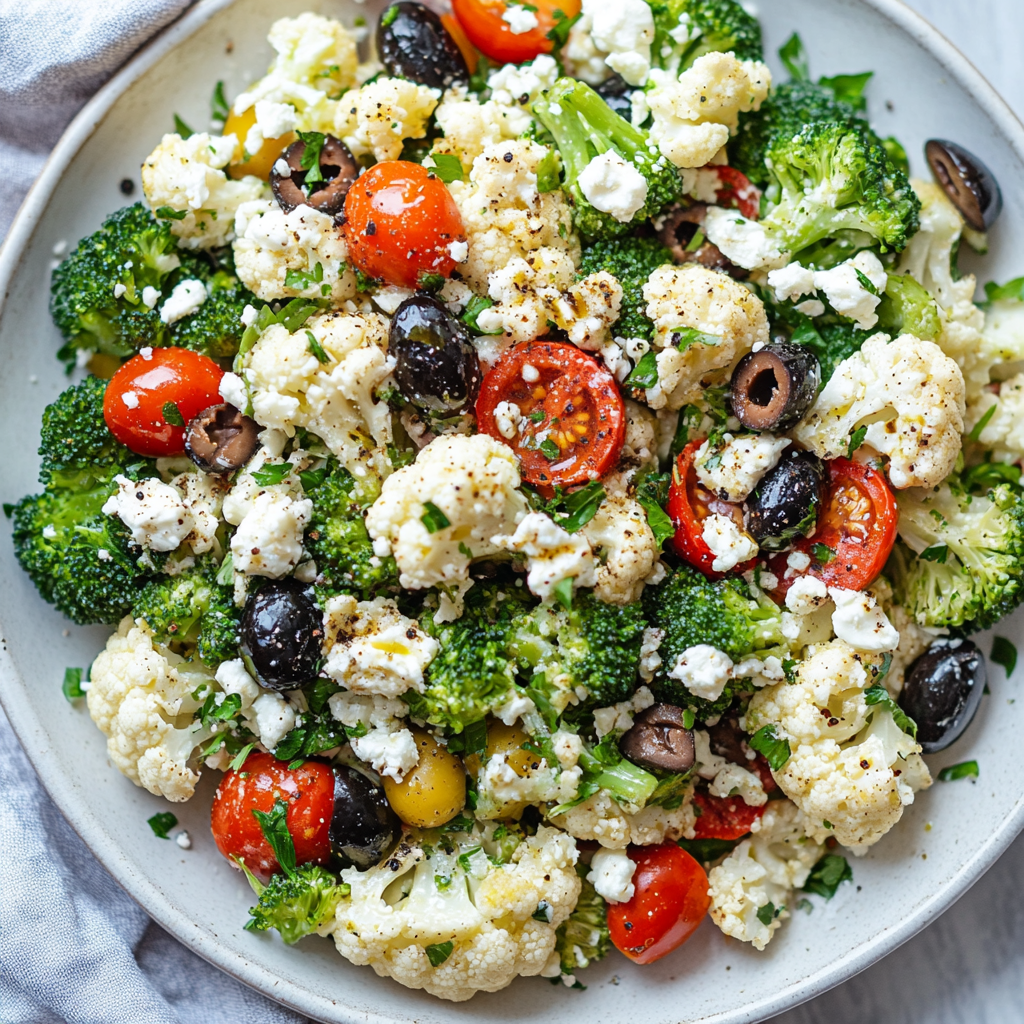 Broccoli cauliflower salad with a Mediterranean twist, featuring feta, olives, and tomatoes.