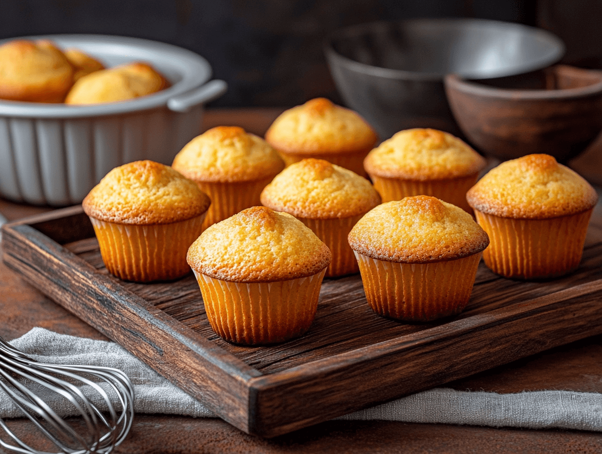A batch of golden, moist muffins with domed tops, fresh from the oven.