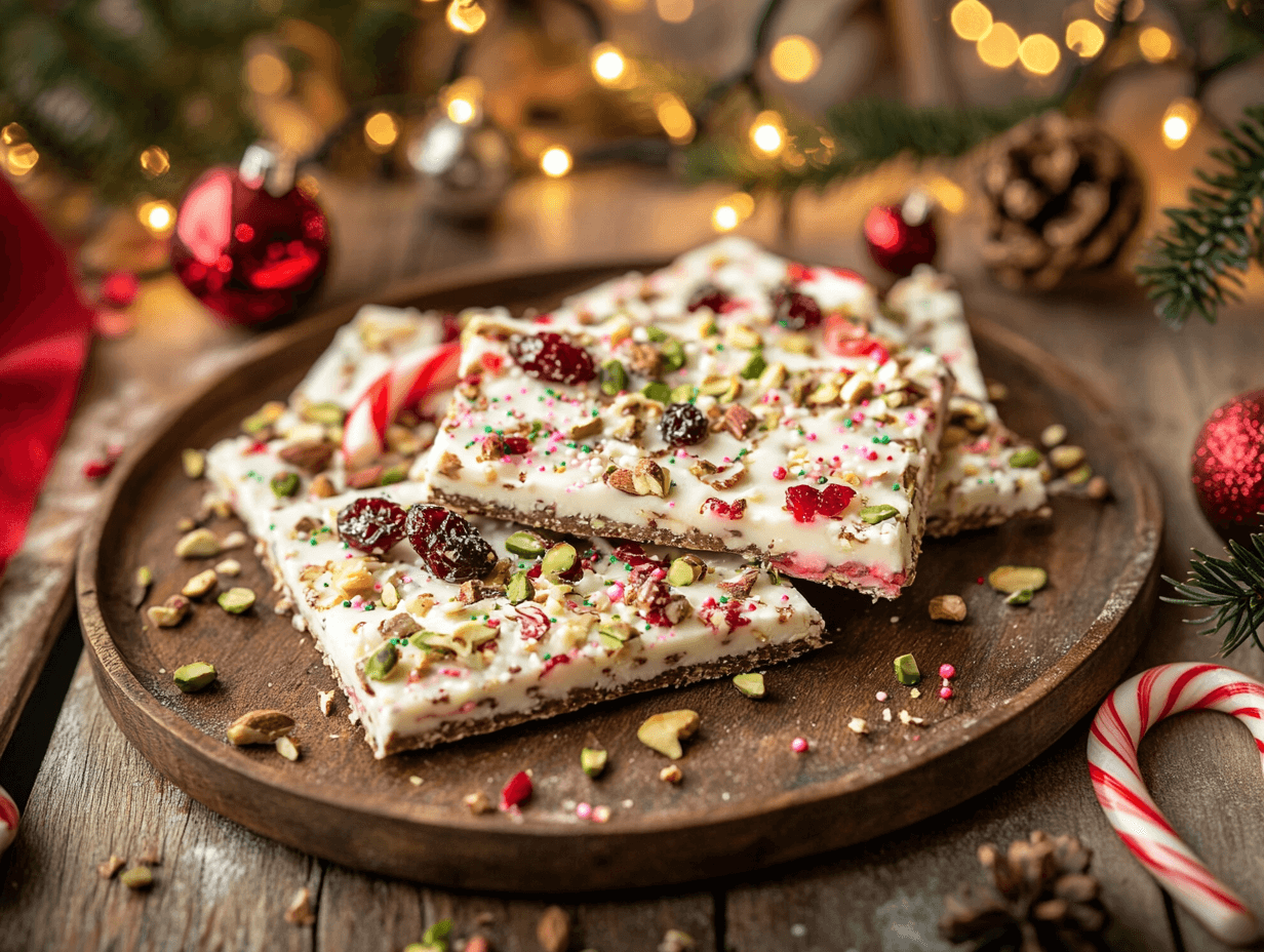 A festive tray of Christmas bark with colorful toppings like candy canes, nuts, and dried fruits.