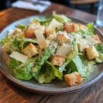 A classic Caesar salad with lettuce, croutons, and parmesan on a wooden table.