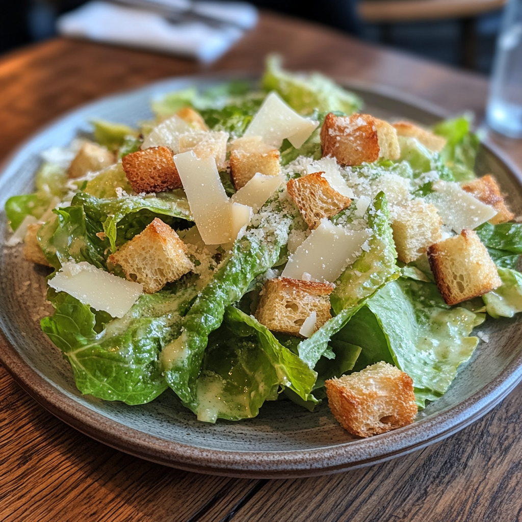 A classic Caesar salad with lettuce, croutons, and parmesan on a wooden table.