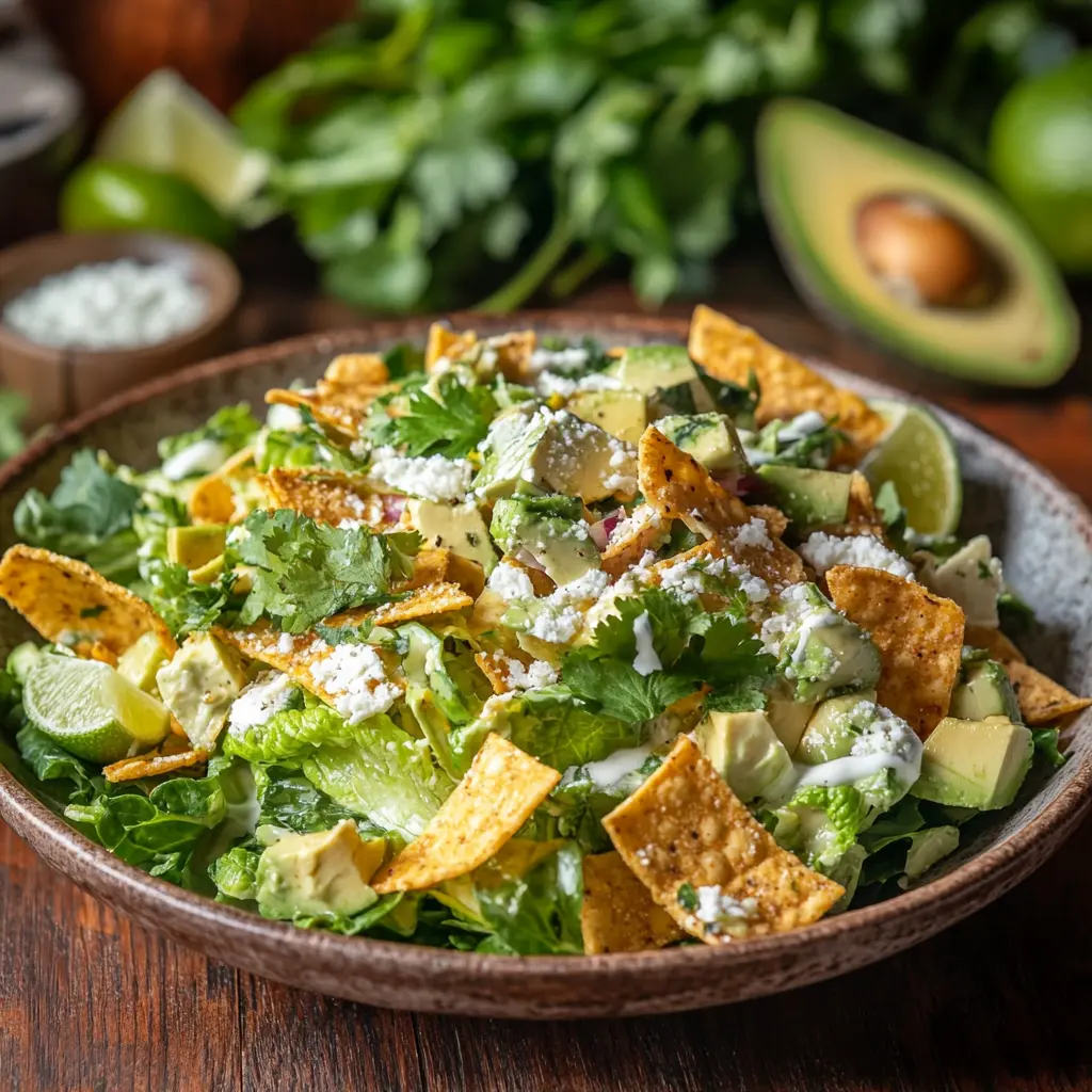 Mexican Caesar Salad served with lime wedges and tortilla strips.