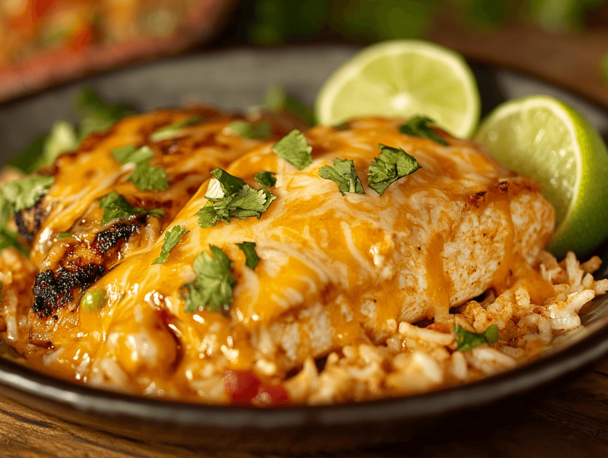 A plate of chicken cheese and rice Mexican topped with cilantro and lime wedges.