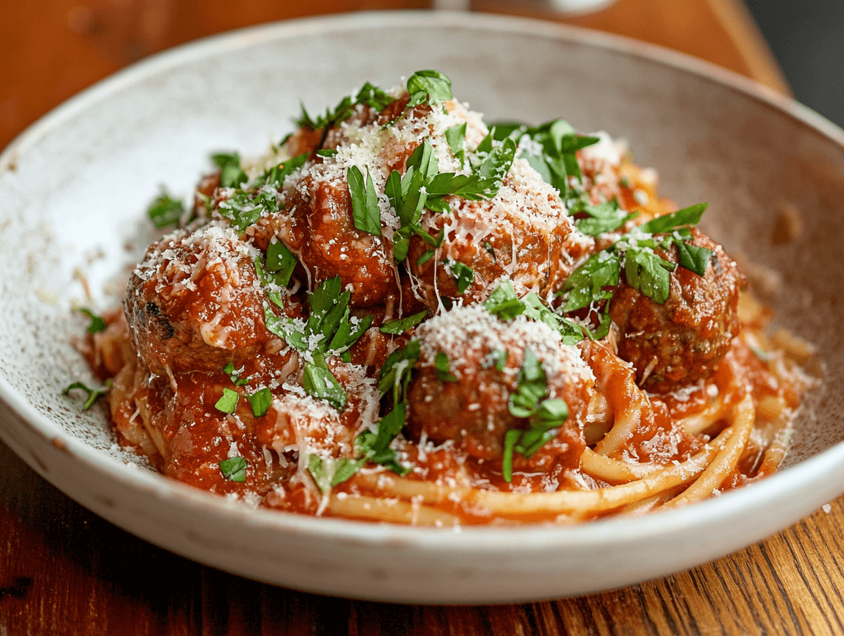 Gluten-free meatballs served with spaghetti and marinara sauce.
