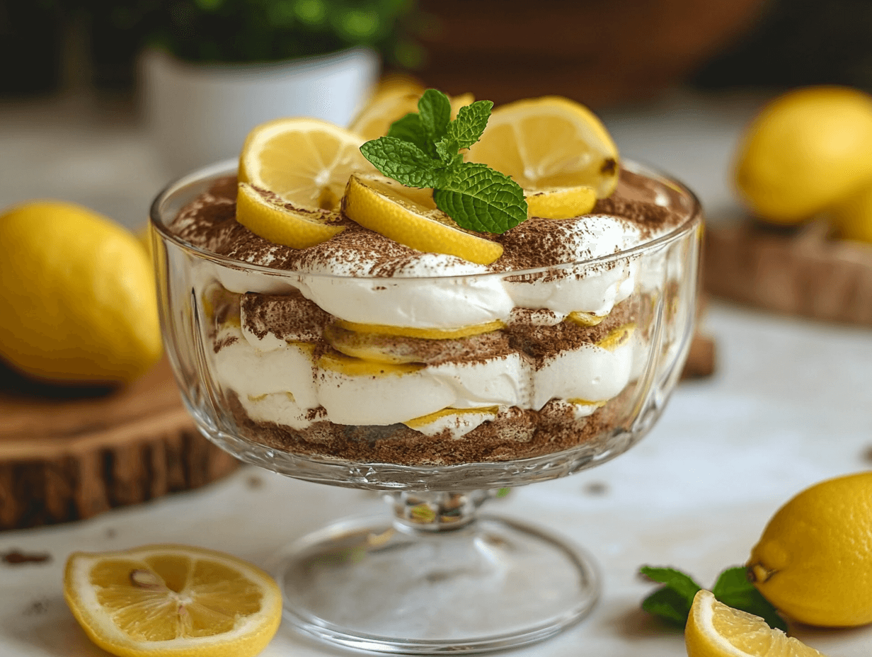 Lemon Tiramisu dessert served in a glass dish with lemon slices and mint garnish.