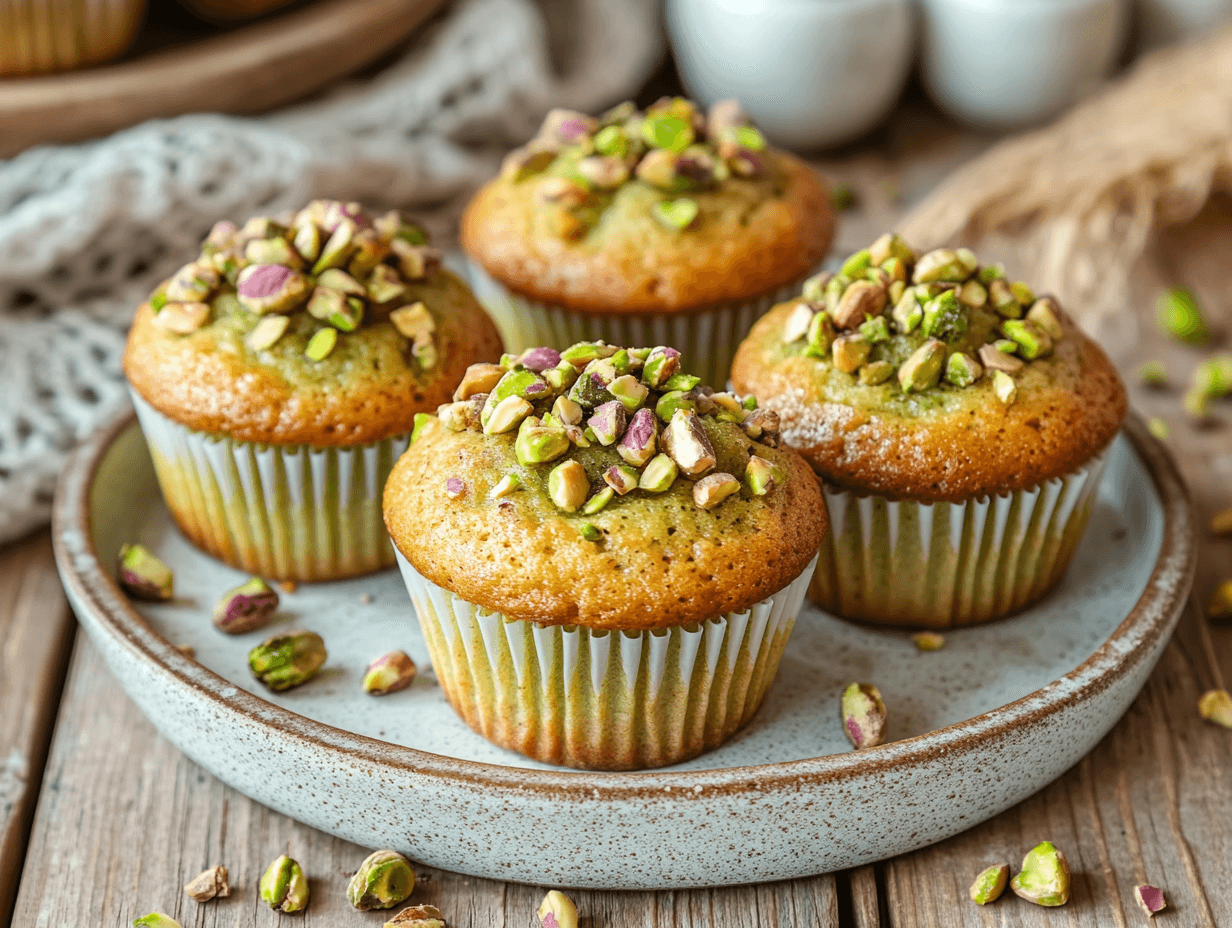A plate of light green pistachio muffins topped with chopped pistachios on a wooden table.