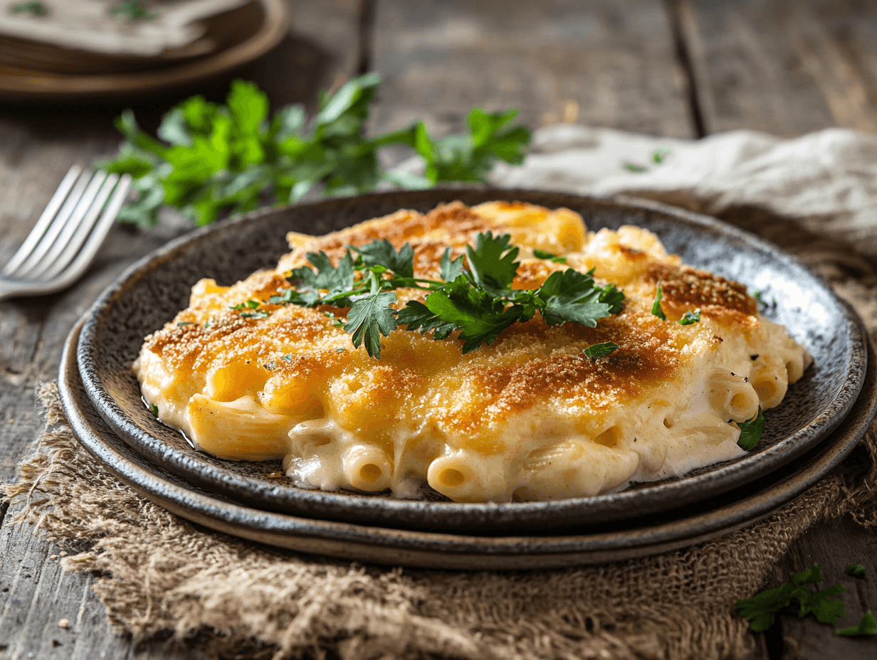 Rihanna's mac and cheese recipe with golden crust and parsley garnish on a rustic table.