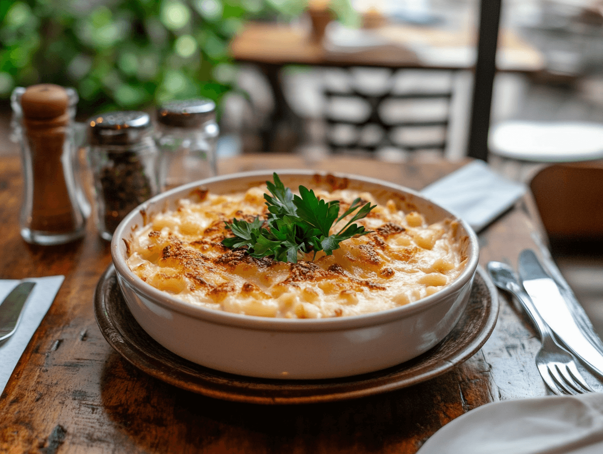 A bowl of mac and cheese with a golden crust and parsley garnish on a wooden table.