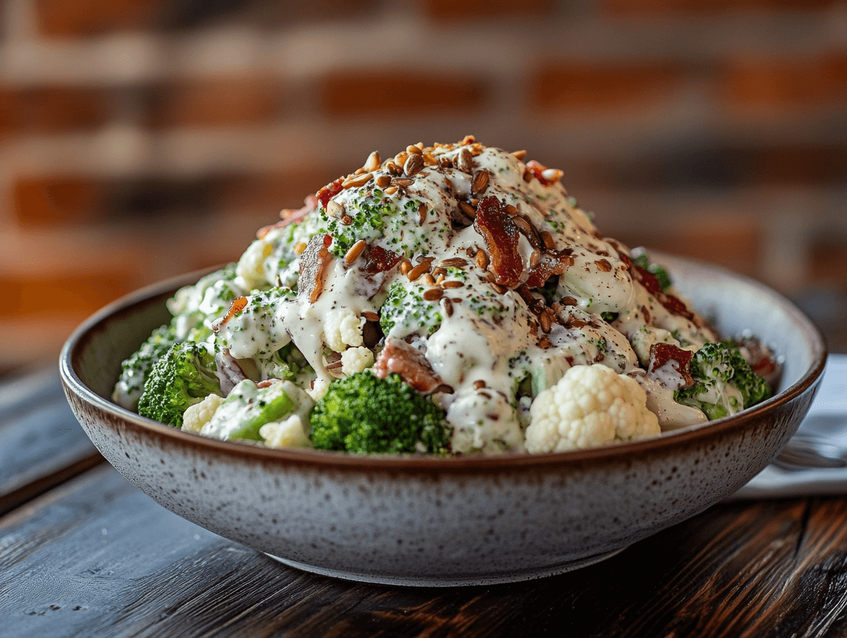 A bowl of colorful broccoli cauliflower salad with creamy dressing.