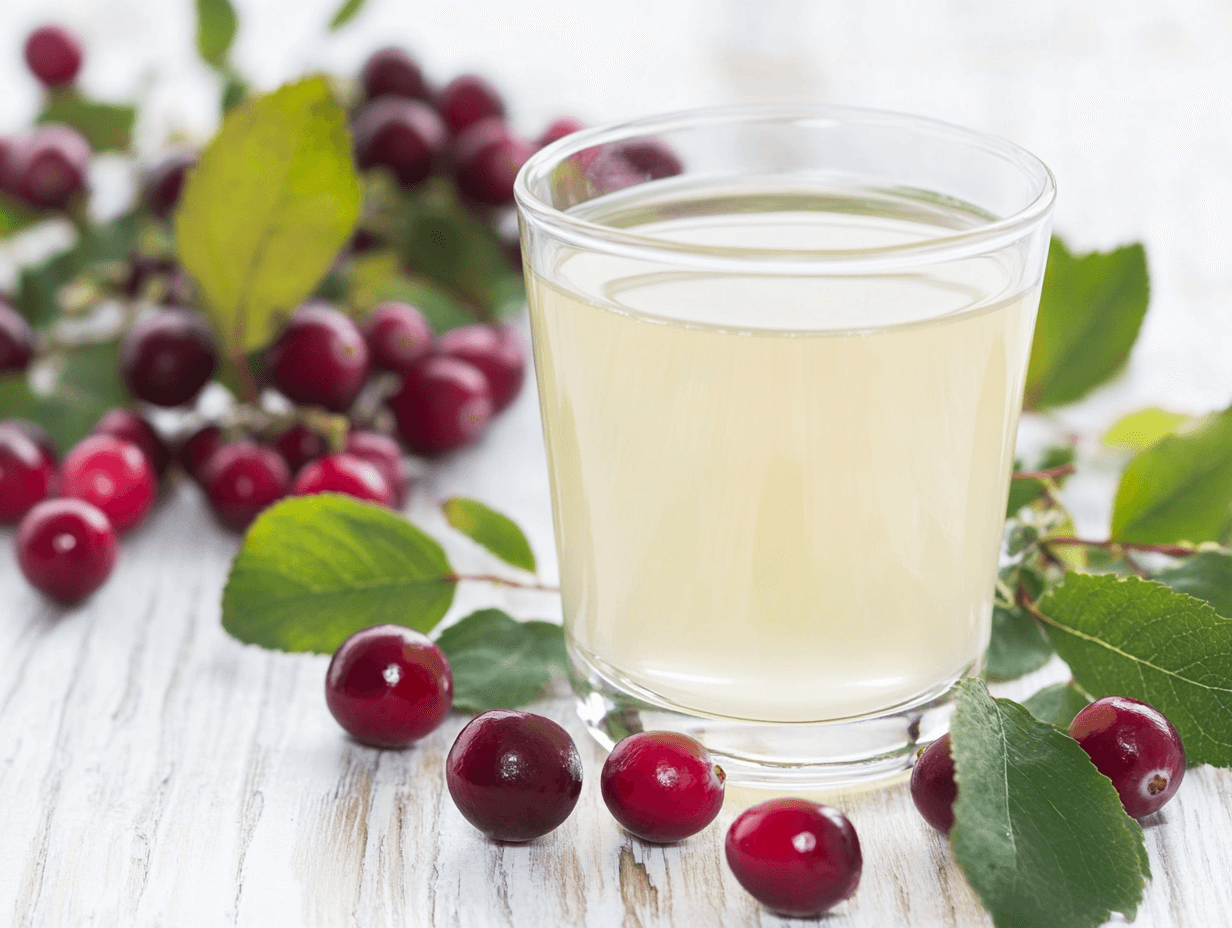 A glass of white cranberry juice surrounded by fresh cranberries and green leaves, highlighting its light and refreshing appearance.