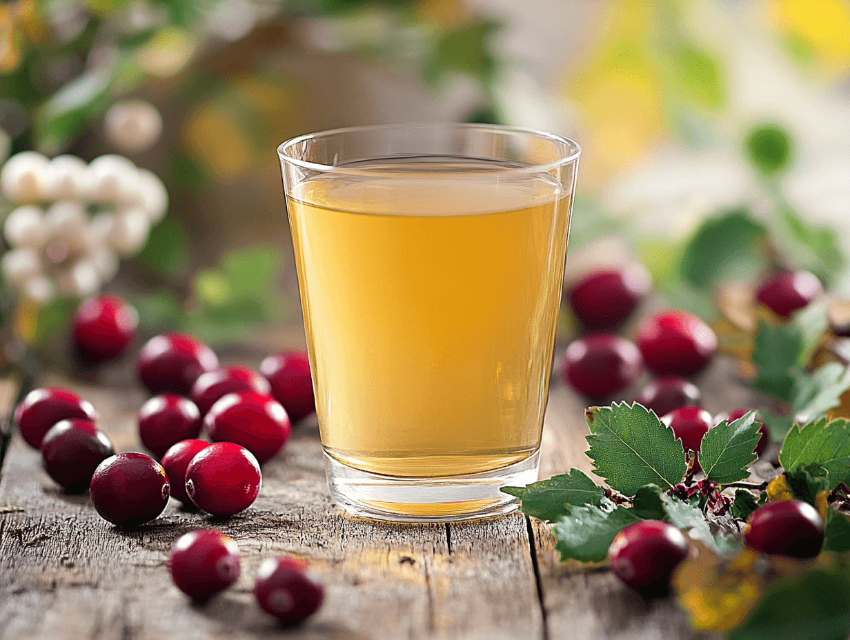 A glass of white cranberry juice on a wooden table with fresh white cranberries.
