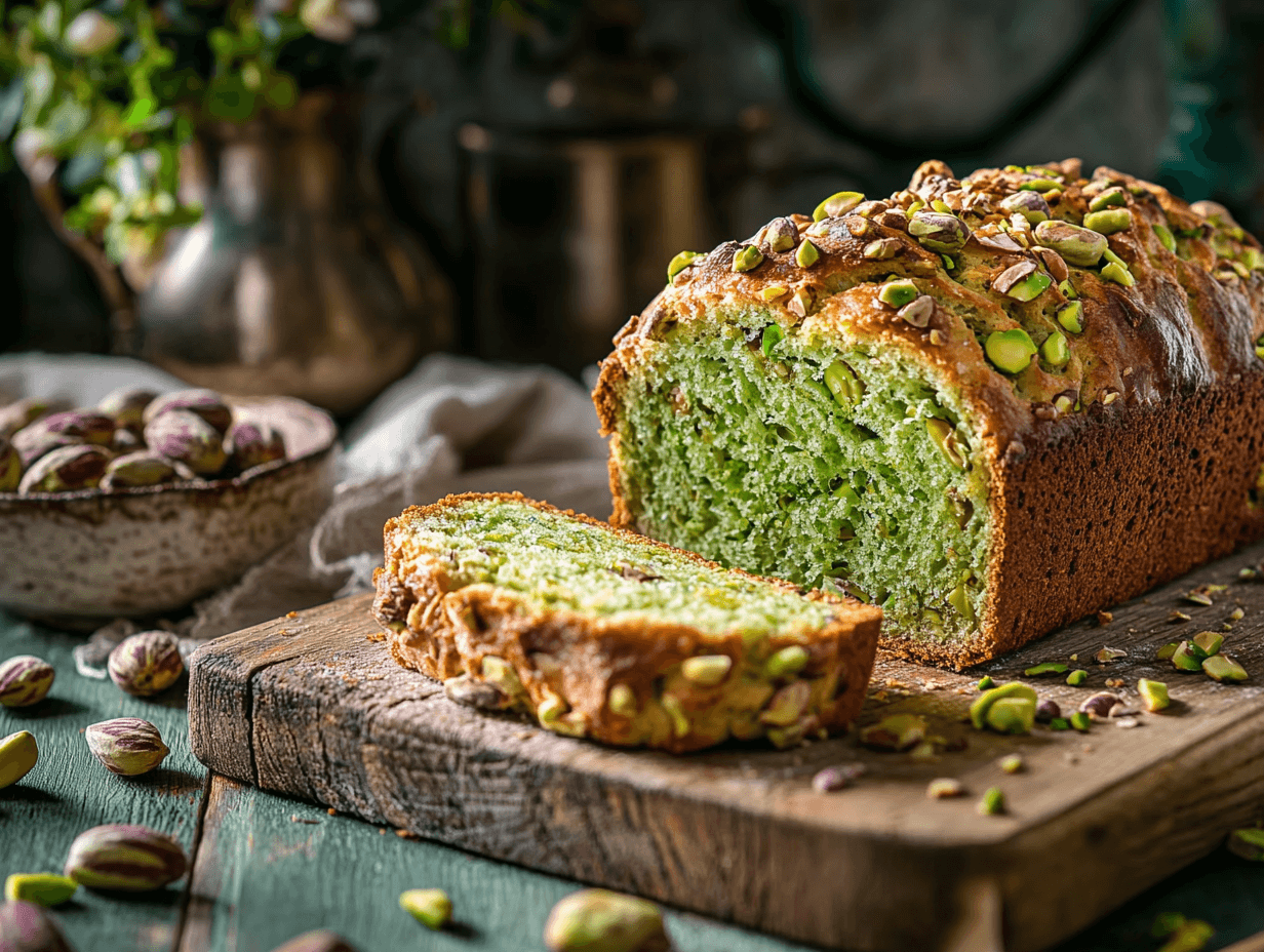 A freshly baked loaf of pistachio bread with vibrant green color sliced to show its texture.