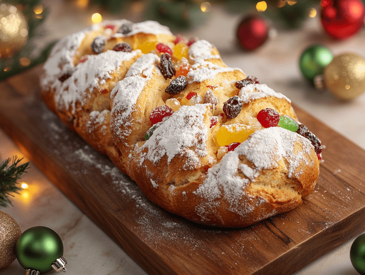 Freshly baked Christmas bread dusted with powdered sugar and garnished with festive fruits.