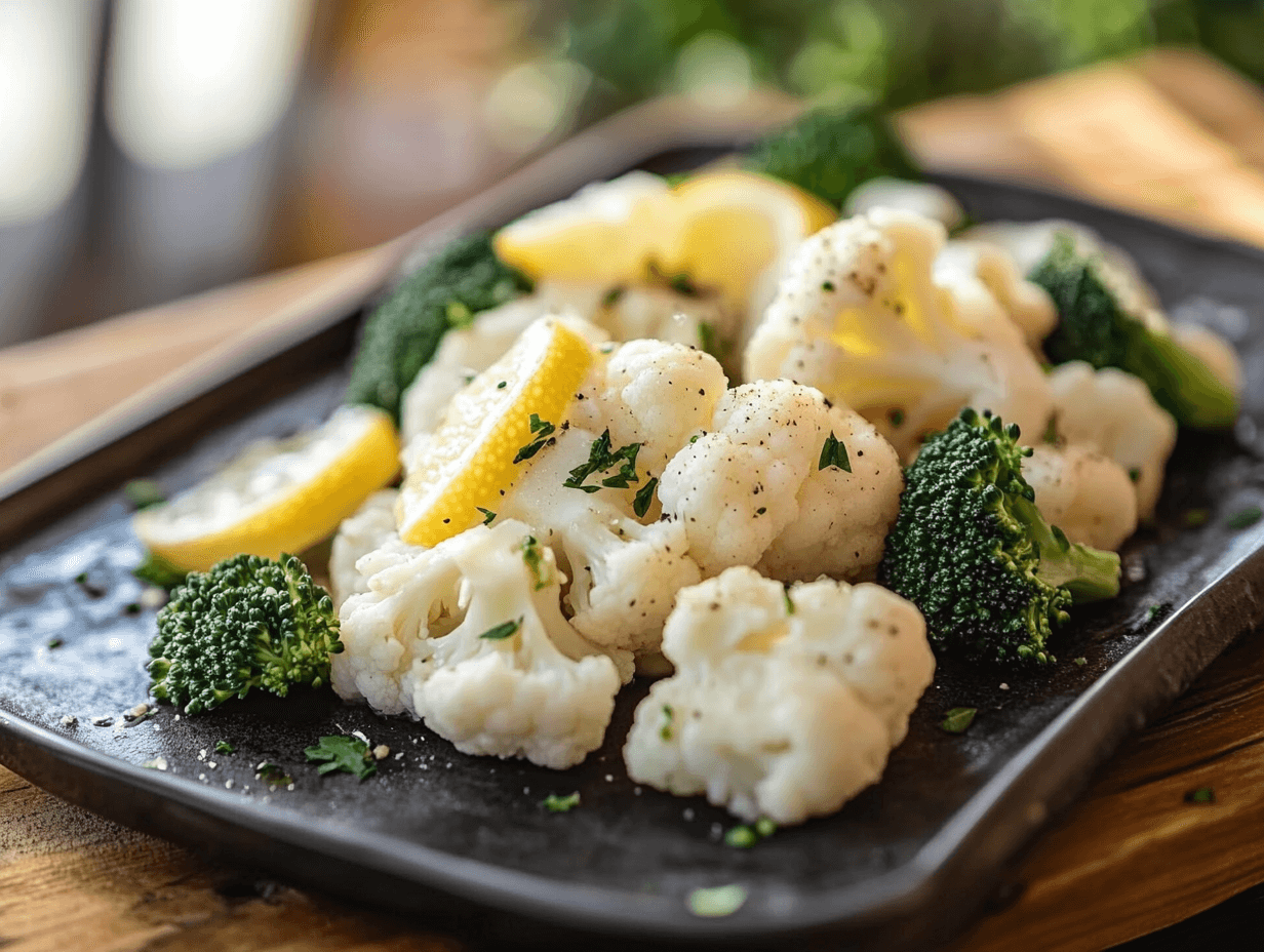 Steamed cauliflower and broccoli on a plate with lemon slices.