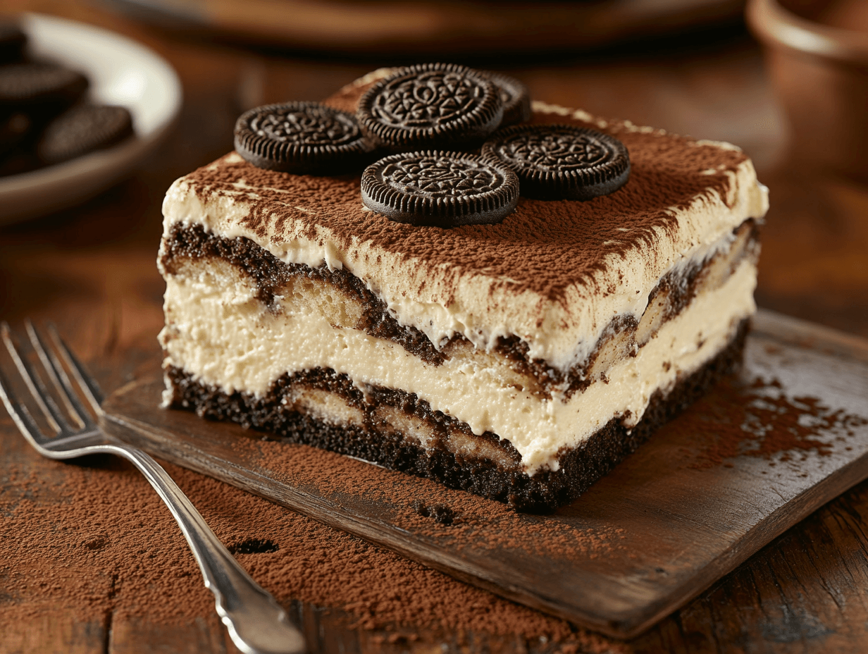 A delicious slice of Oreo Tiramisu layered with cream and cookies