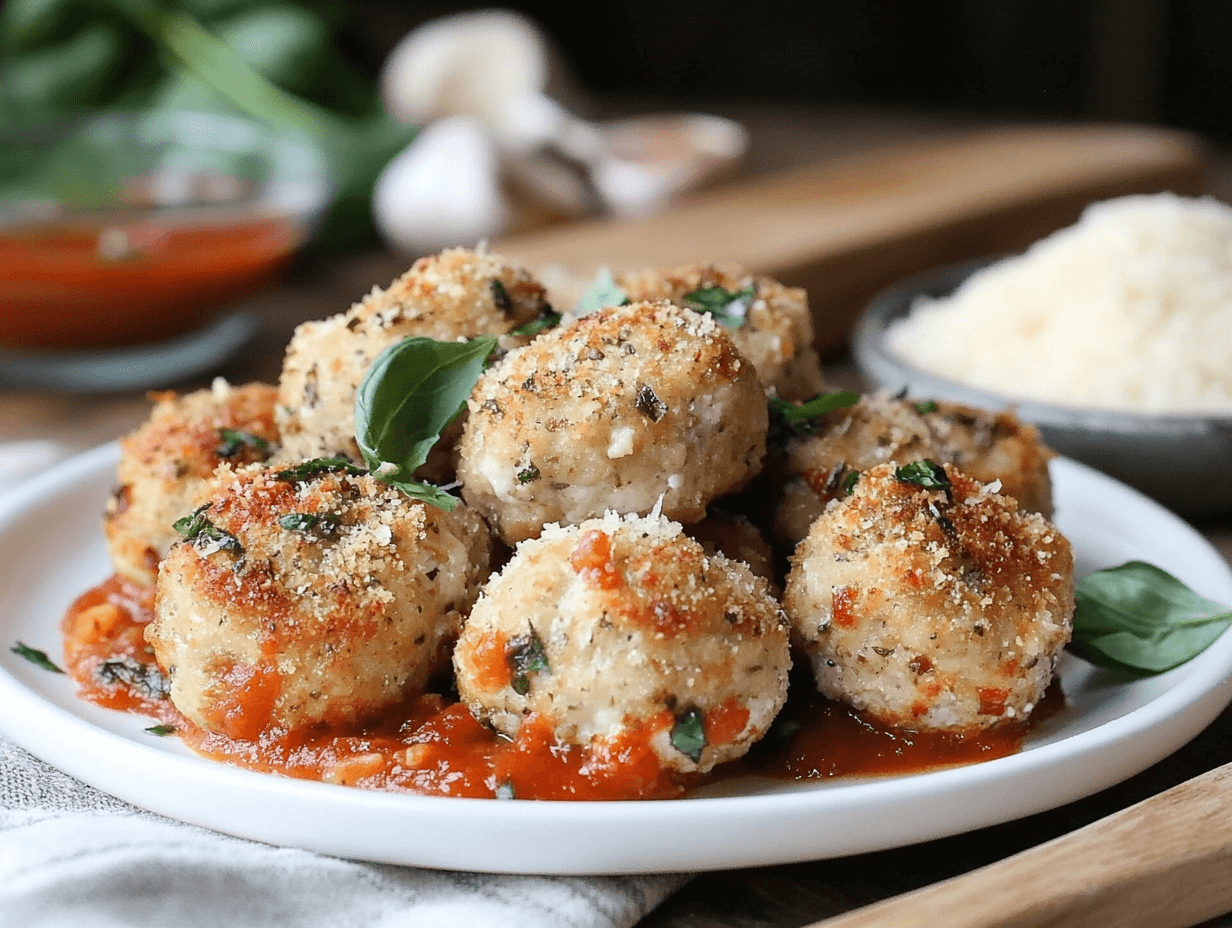 Plate of chicken ricotta meatballs garnished with basil and marinara sauce.