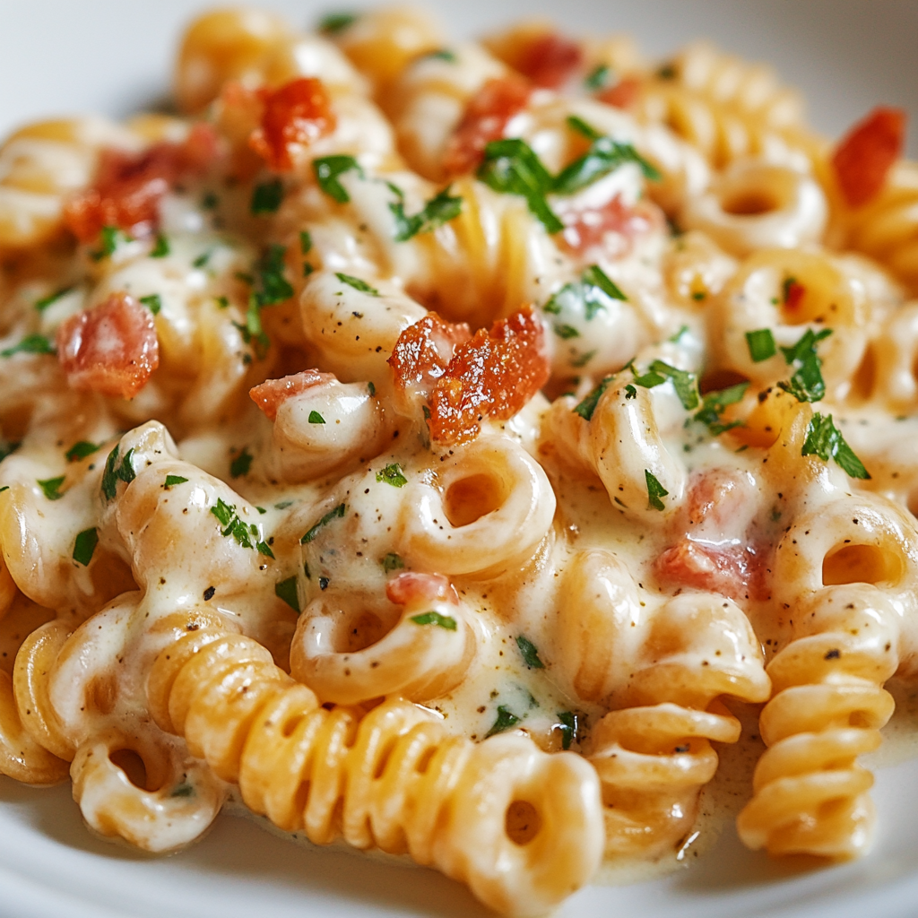 A close-up of cavatappi pasta with ridges, coated in cheese sauce on a white plate.