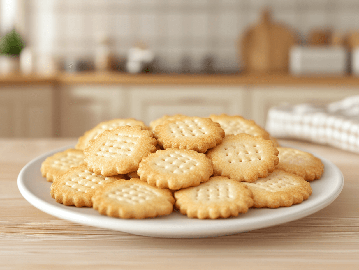 Golden Ritz cookies neatly arranged on a ceramic plate.