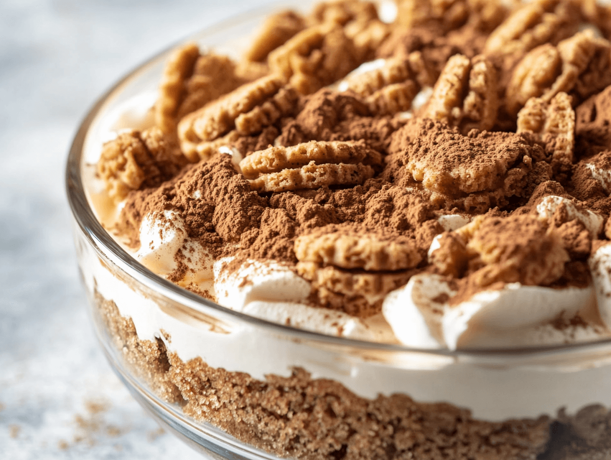 Biscoff Tiramisu dessert layers with cream and caramelized cookies.