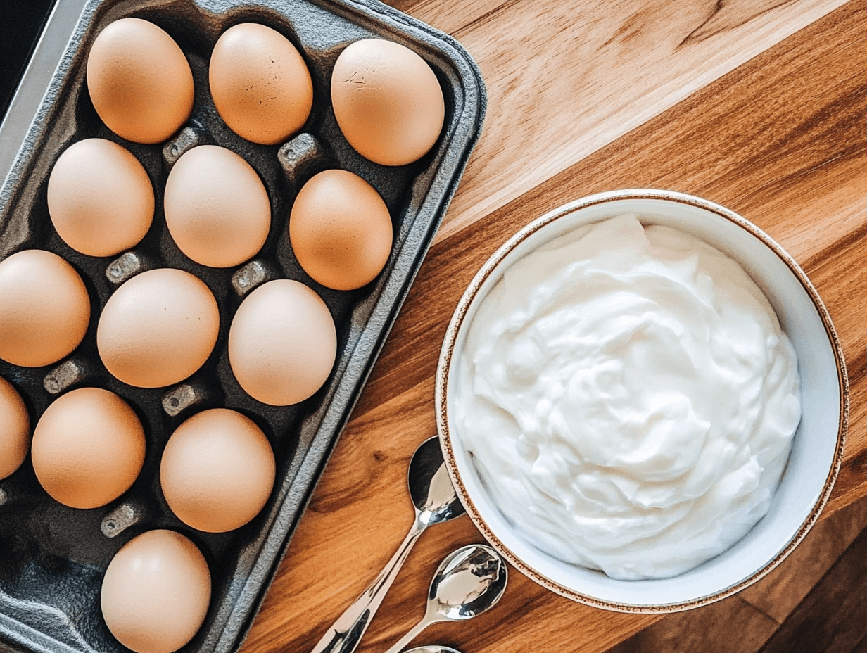 Bowl of yogurt next to eggs, showing baking ingredients on a counter.