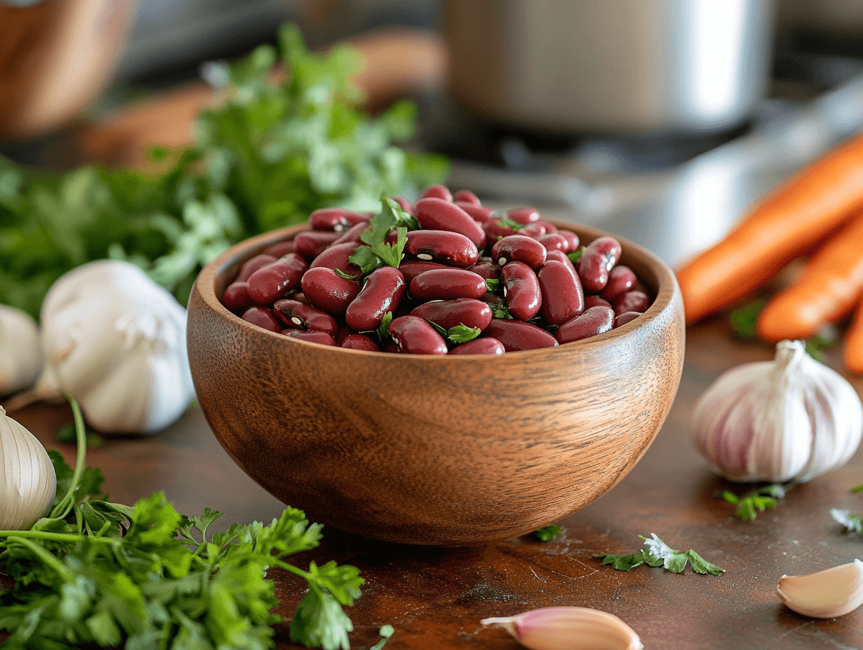 Cranberry beans in a rustic bowl with fresh ingredients around