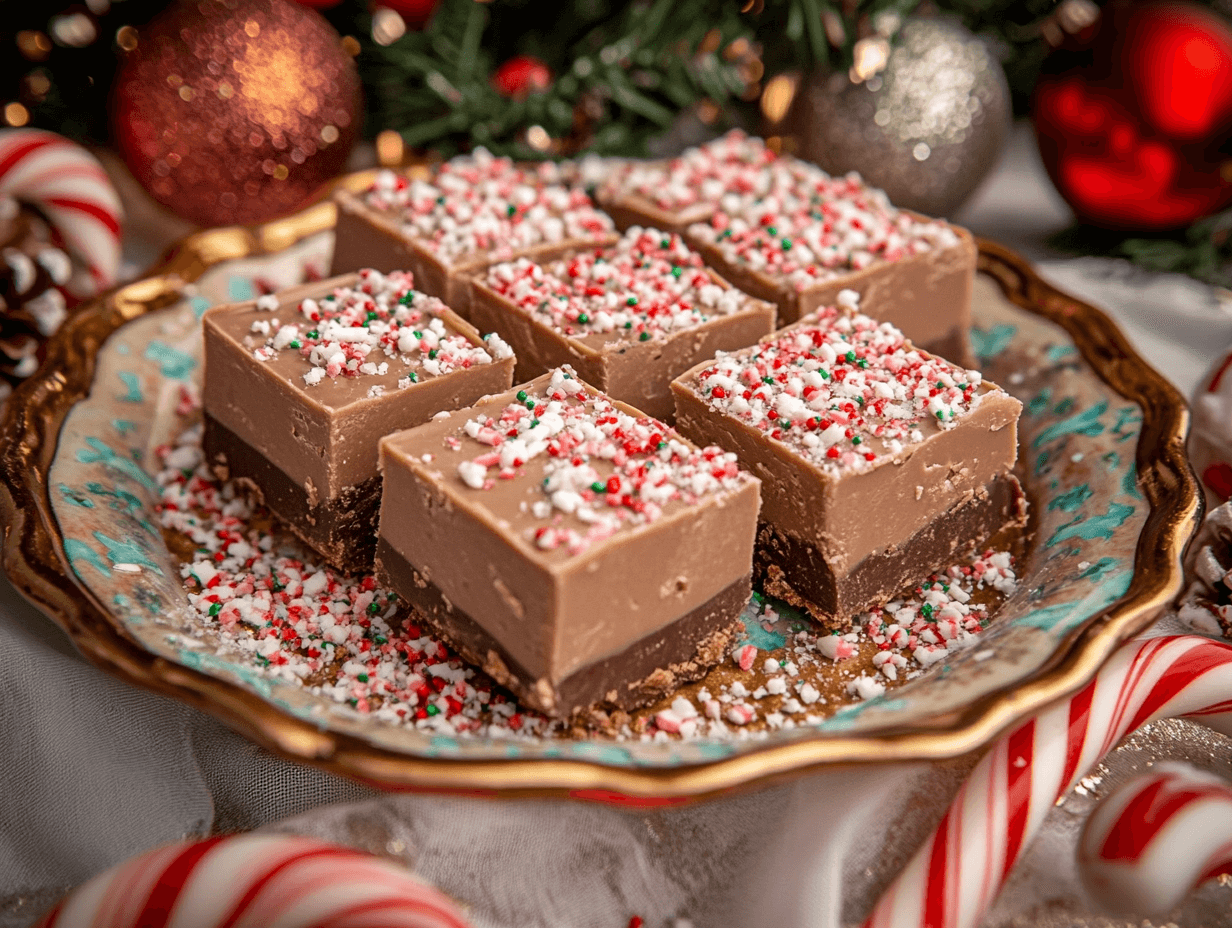 Christmas fudge squares on a festive holiday platter with decorations.