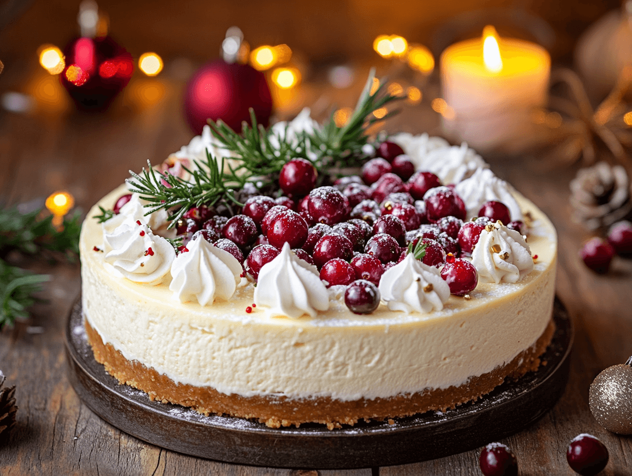 Festive Christmas cheesecake decorated with whipped cream and berries