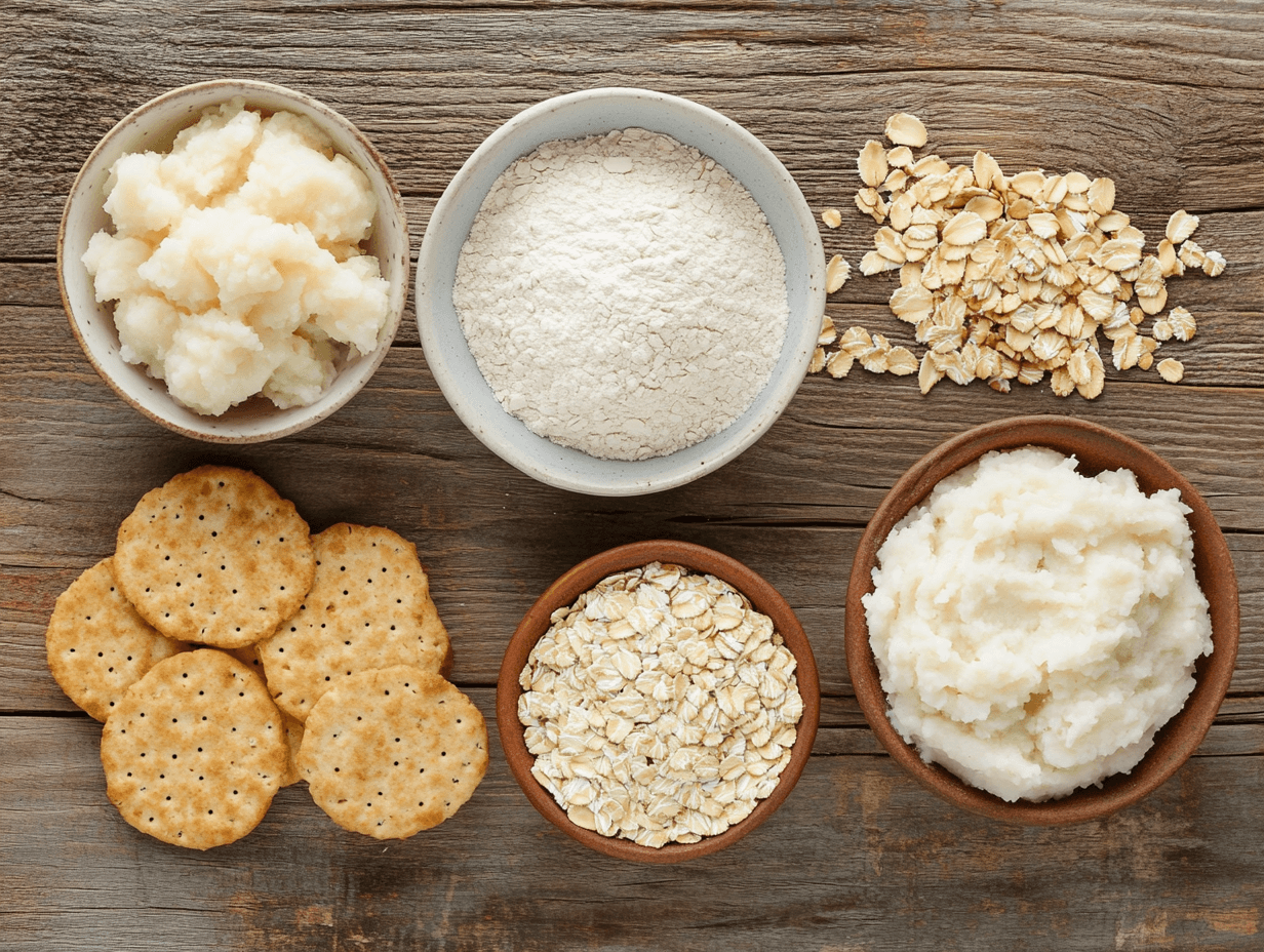 A selection of gluten-free substitutes for breadcrumbs.