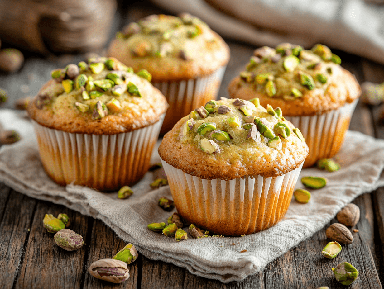 A batch of freshly baked pistachio muffins topped with chopped pistachios on a rustic table.