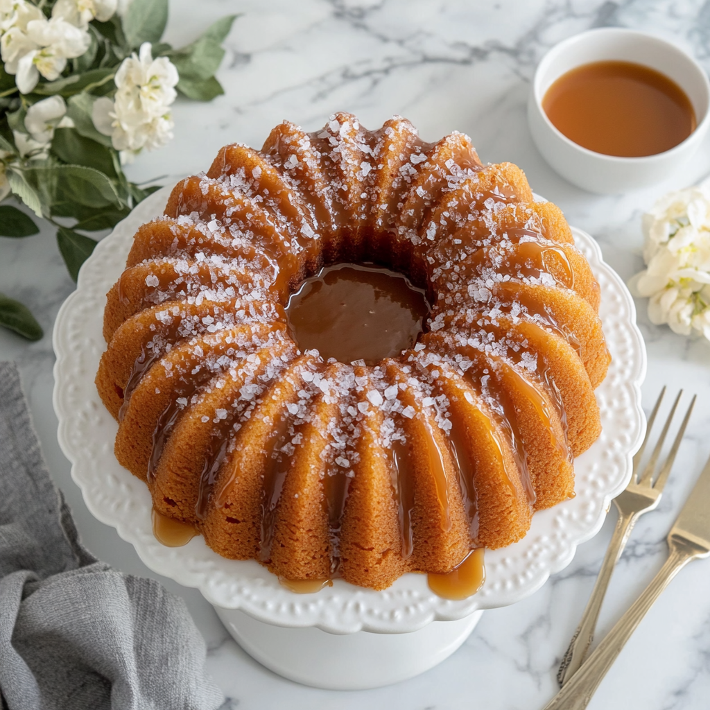 A beautifully presented Salted Caramel Kentucky Butter Cake on a white platter with caramel sauce and flaky sea salt.