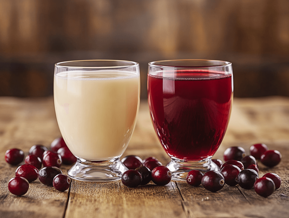 A glass of red cranberry juice and a glass of white cranberry juice surrounded by fresh cranberries.