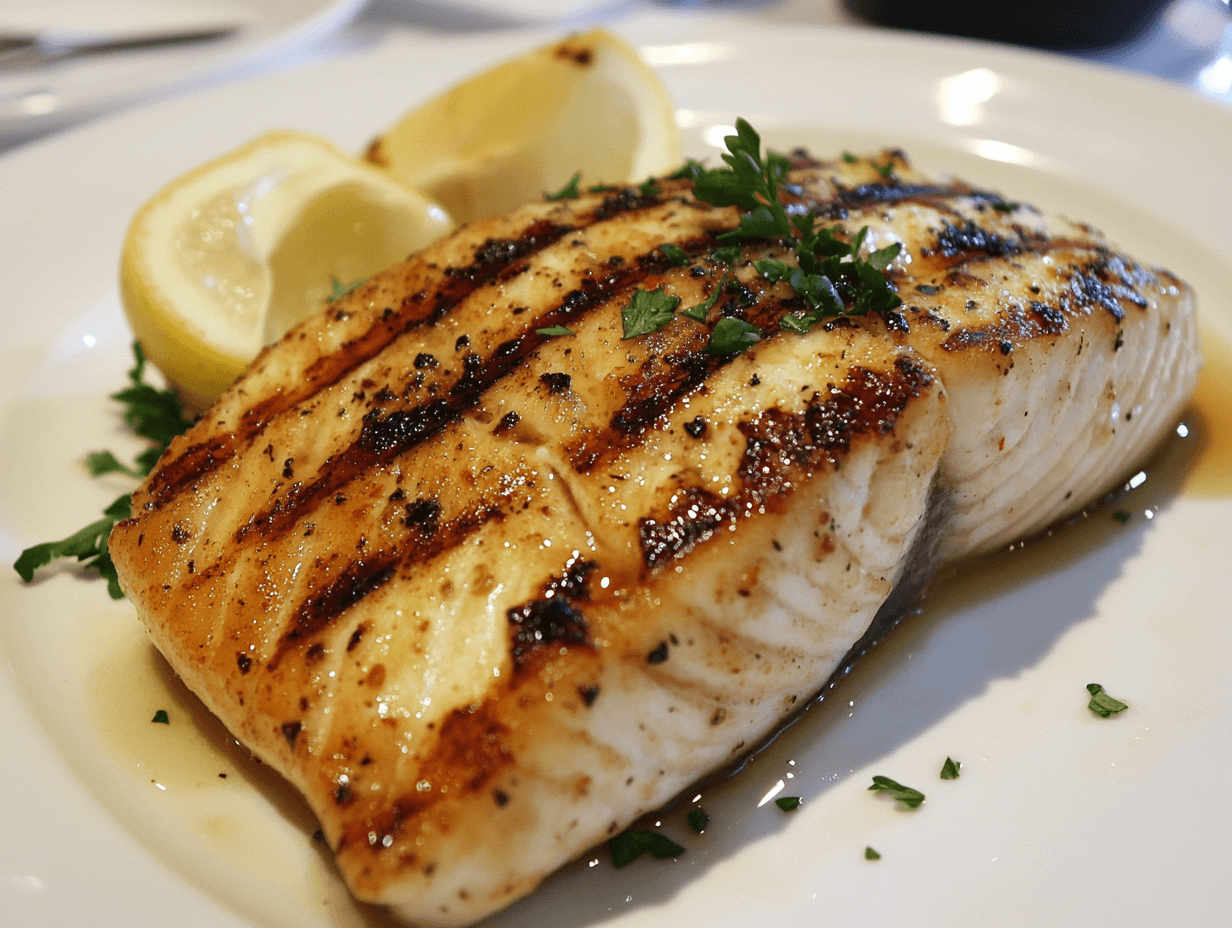 Perfectly grilled halibut served on a white plate with lemon slices and herbs.