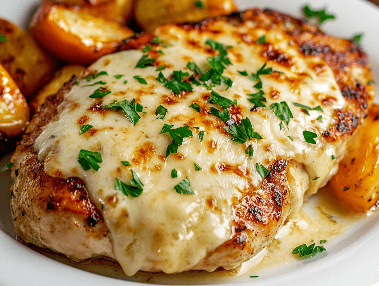 A juicy chicken steak topped with creamy melted cheese, served with roasted vegetables.