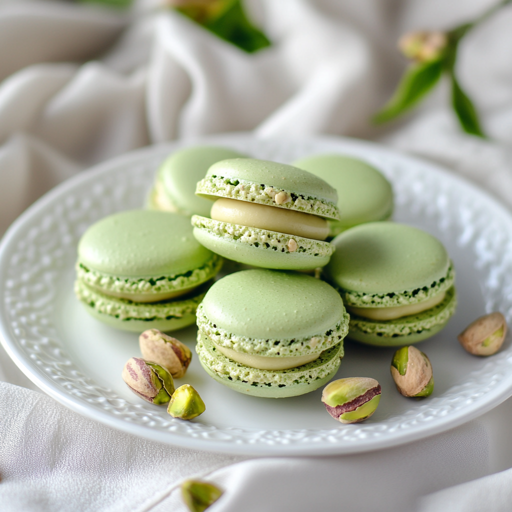 A close-up of pistachio macarons on a white plate with pistachios scattered around.