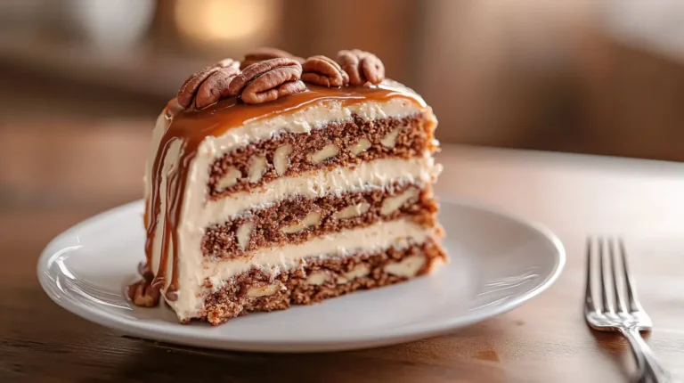 A slice of Banana Pecan Caramel Layer Cake with caramel frosting dripping down the sides, garnished with toasted pecans and caramel drizzle, served on a white dessert plate.