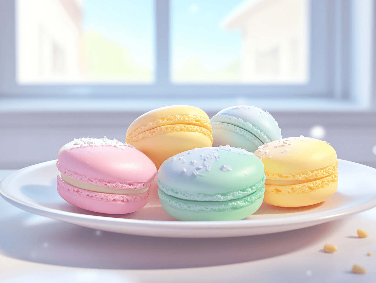An assortment of colorful macarons on a plate.