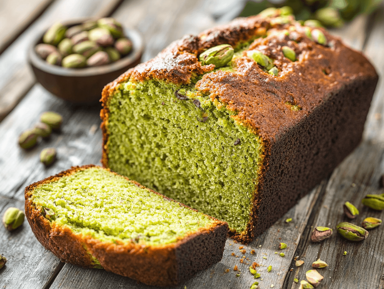 A loaf of green pistachio bread, sliced to show texture.