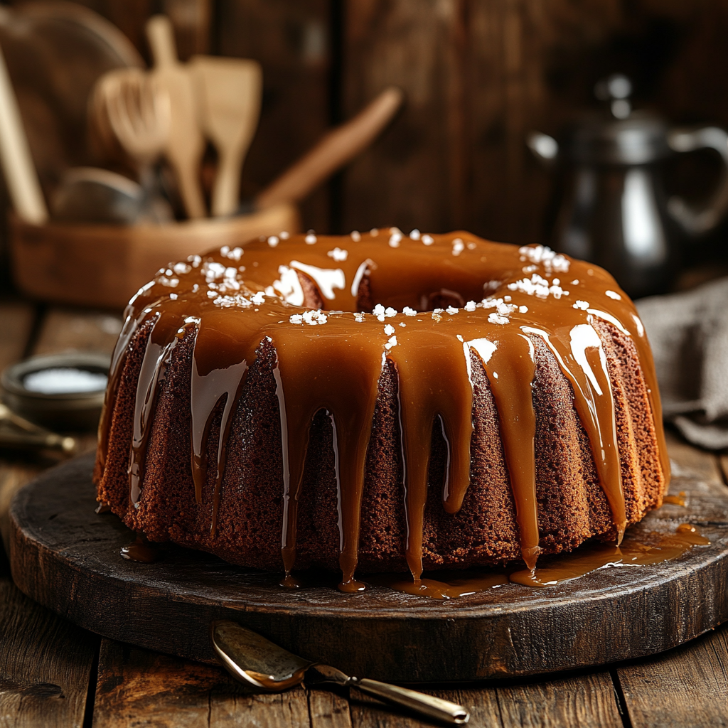 A decadent Salted Caramel Kentucky Butter Cake with caramel glaze and flaky sea salt on a rustic table.