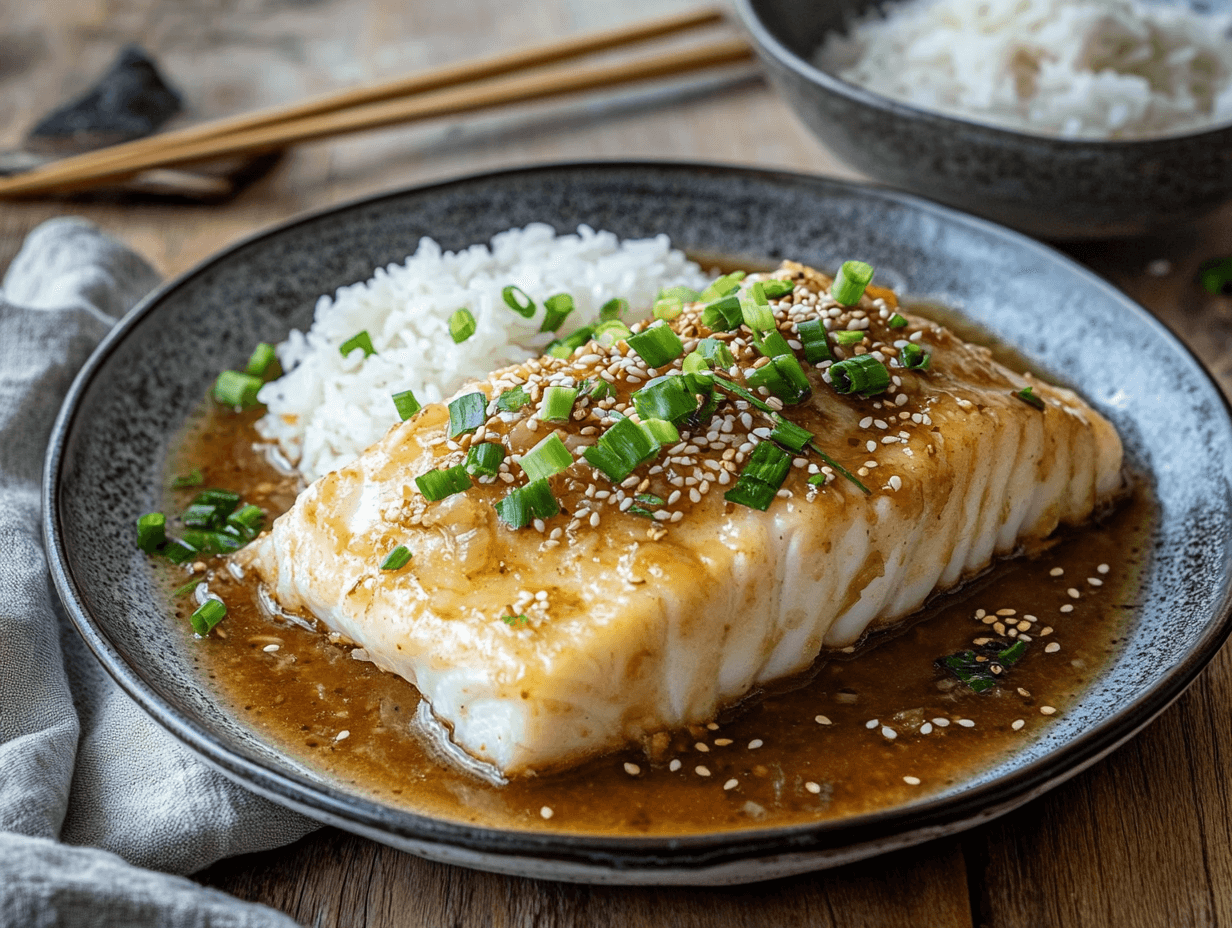 Braised halibut in a soy-based sauce garnished with herbs.