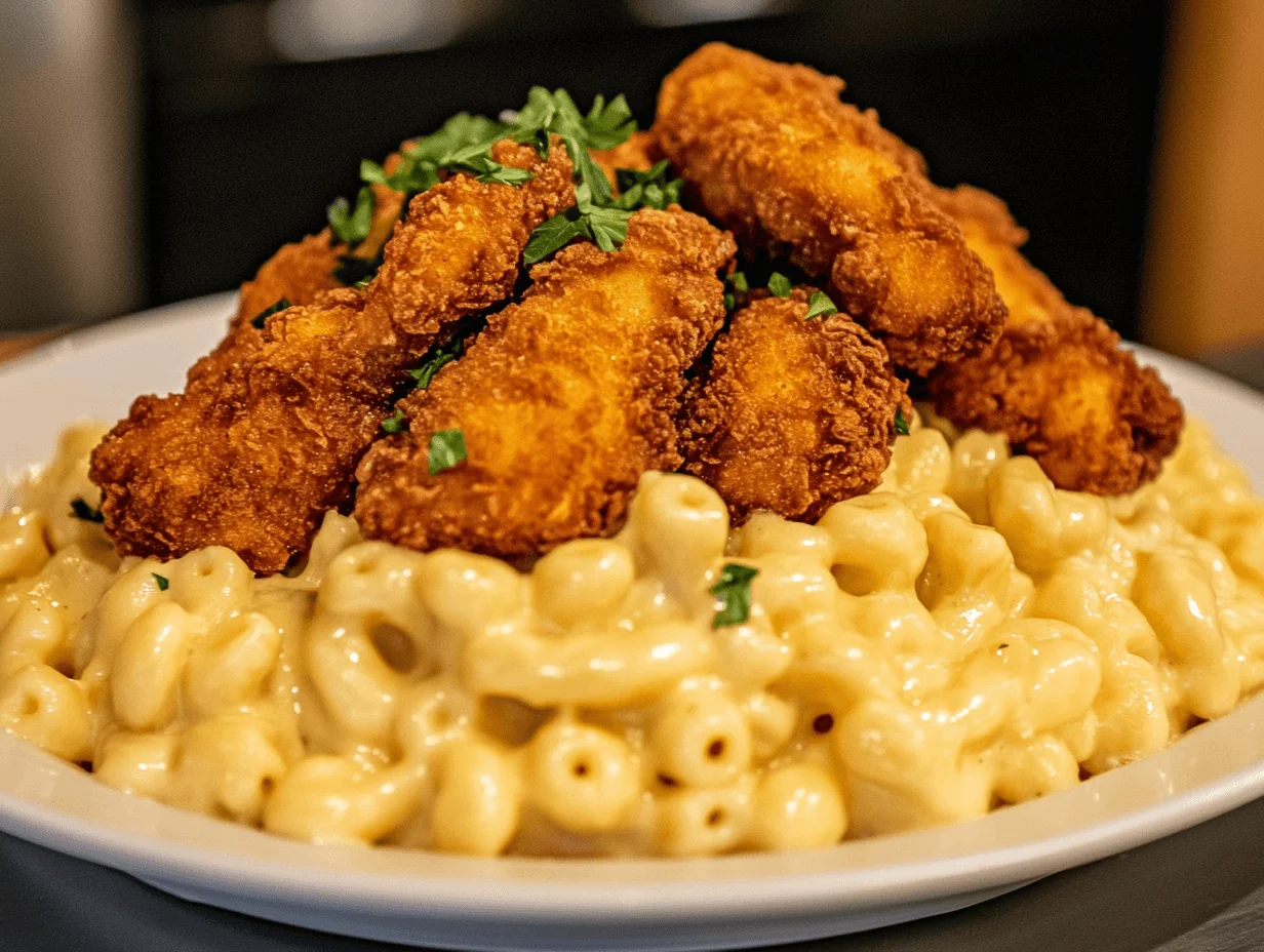 Sliced fried chicken on creamy mac and cheese.