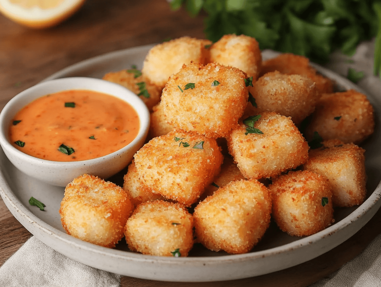 A plate of golden crispy salmon bites garnished with fresh herbs and a side of dipping sauce.